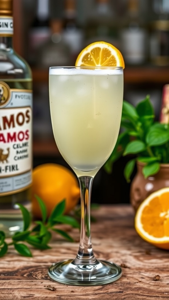 A frothy Ramos Gin Fizz cocktail in a tall glass with a lemon slice garnish, set against a rustic bar backdrop.